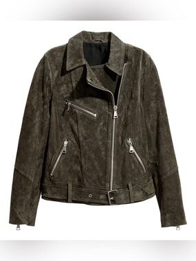 H&M Olive Green Suede Moto Jacket with Silver Zippers